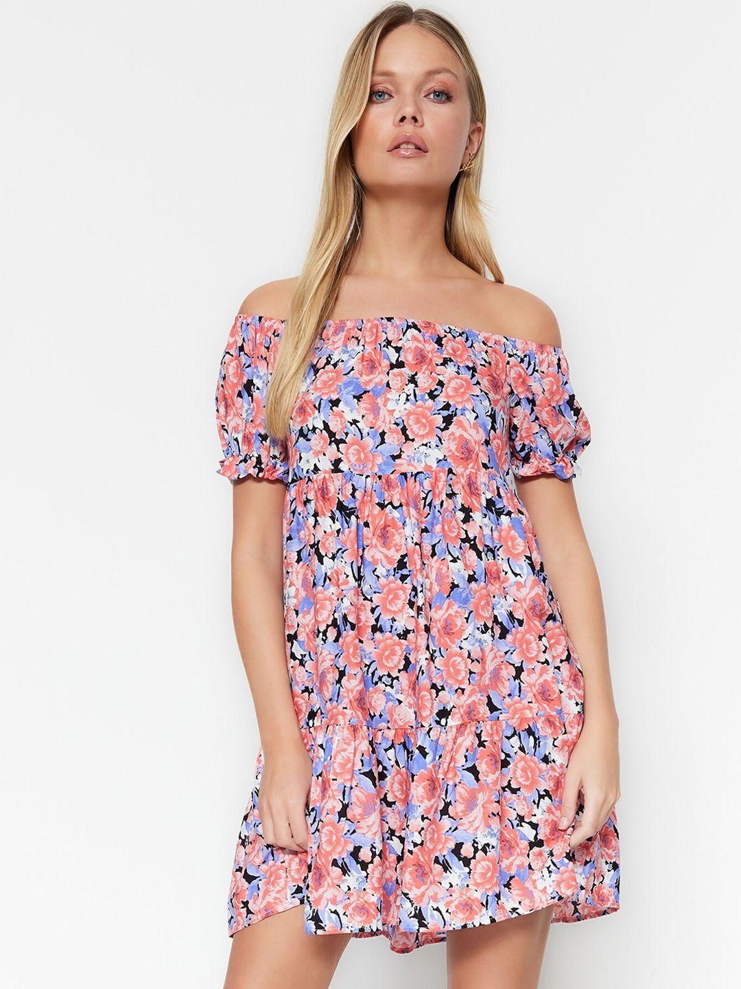 trendyol floral printed off-shoulder puff sleeve fit & flare dress