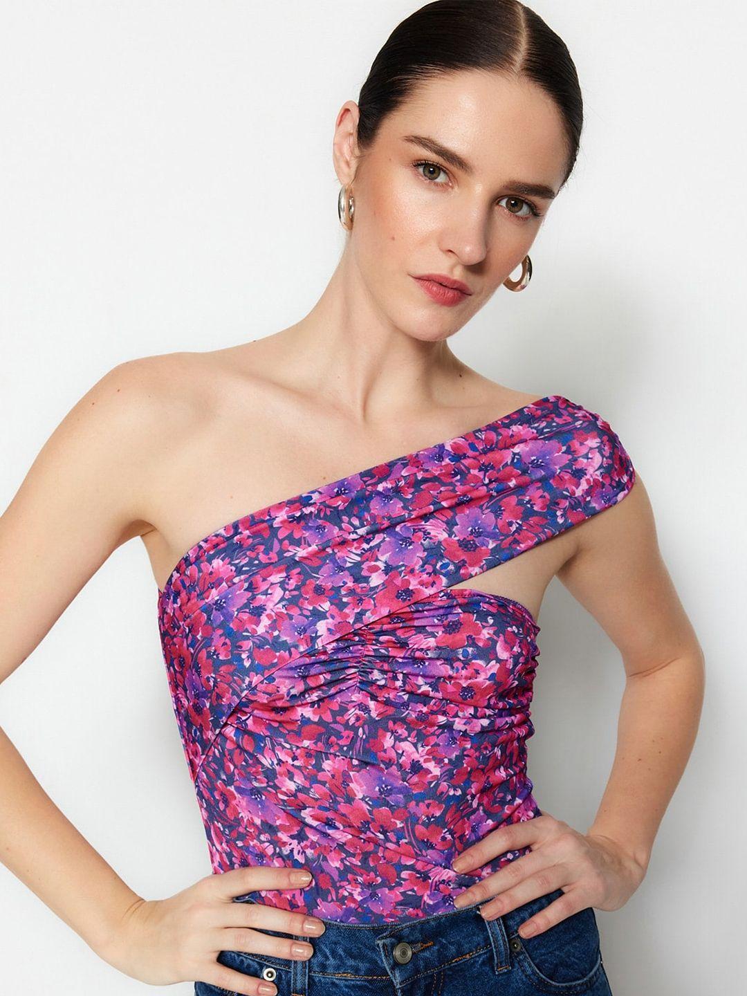 trendyol floral printed one shoulder ruched fitted top