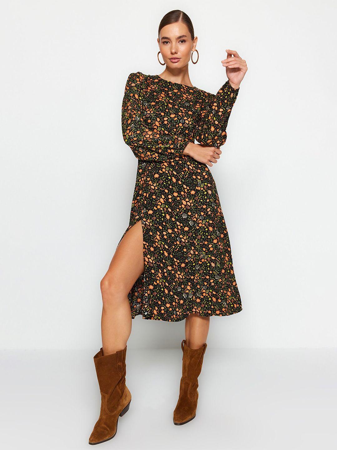 trendyol floral printed puff sleeve a-line midi dress with a slit