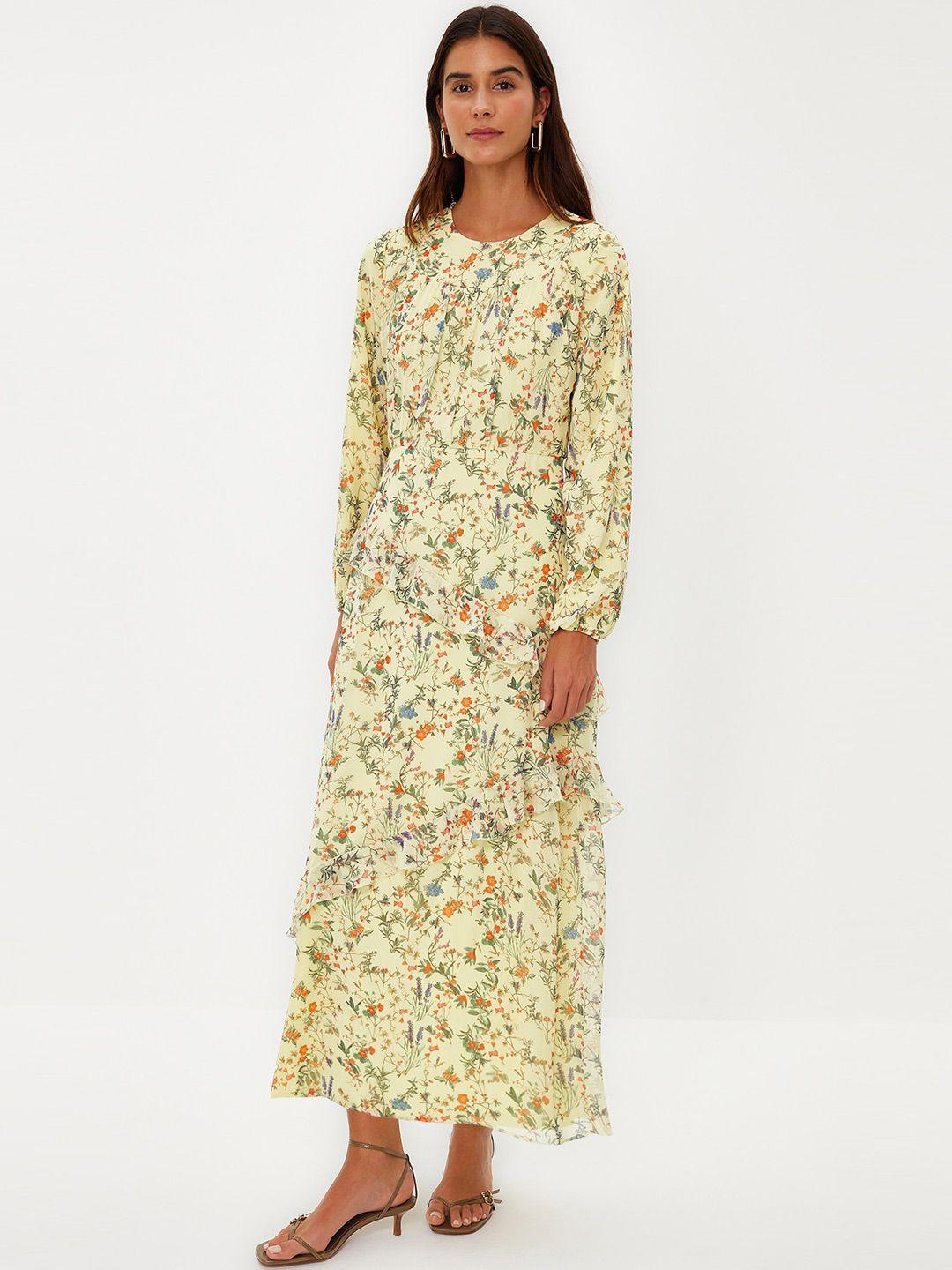 trendyol floral printed puff sleeve a-line midi dress