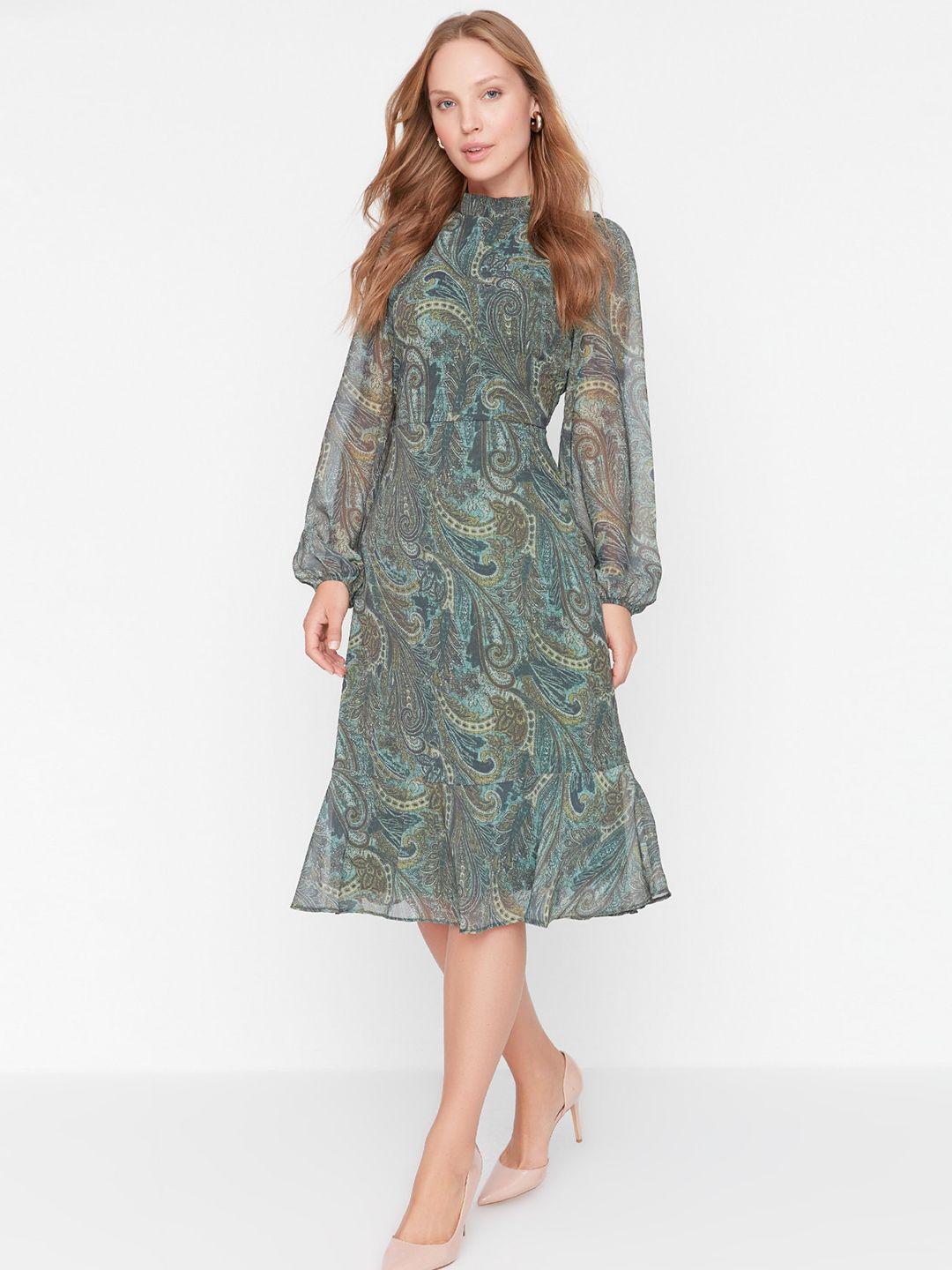 trendyol floral printed puff sleeve fit & flare dress