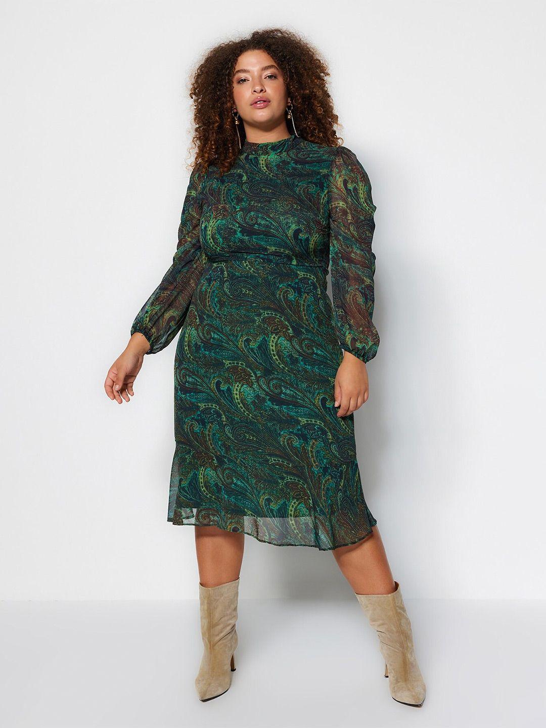 trendyol floral printed puff sleeves a-line midi dress