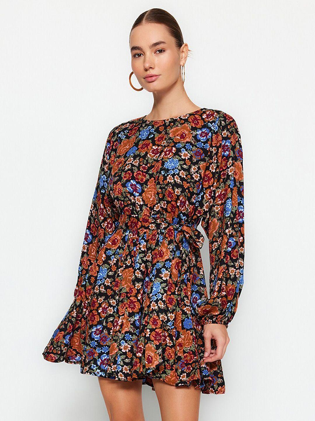 trendyol floral printed puff sleeves fit and flare mini dress