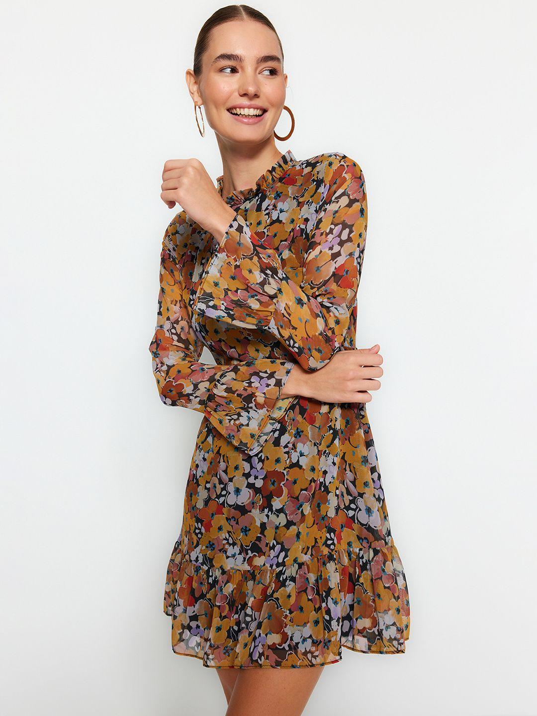 trendyol floral printed round neck fit & flare opaque casual dress