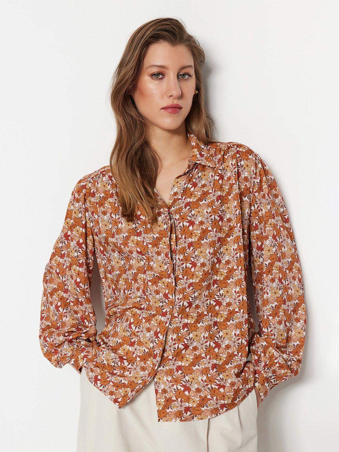 trendyol floral printed shirt collar puff sleeves shirt style top