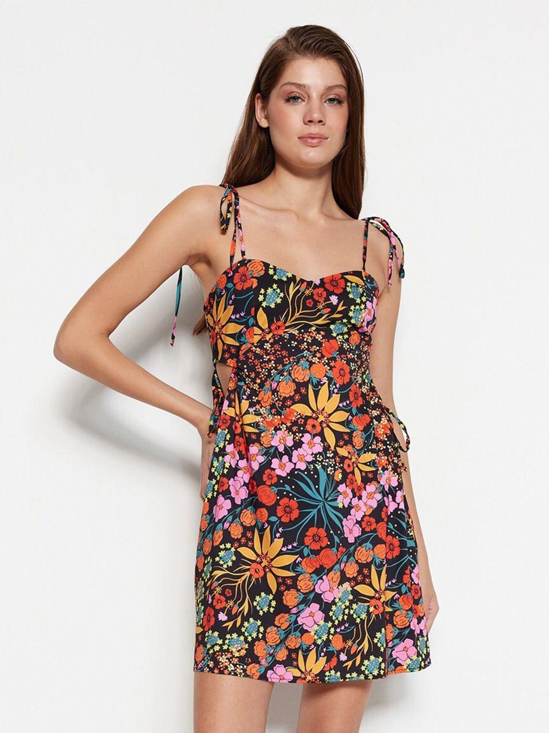 trendyol floral printed shoulder strap a-line mini dress