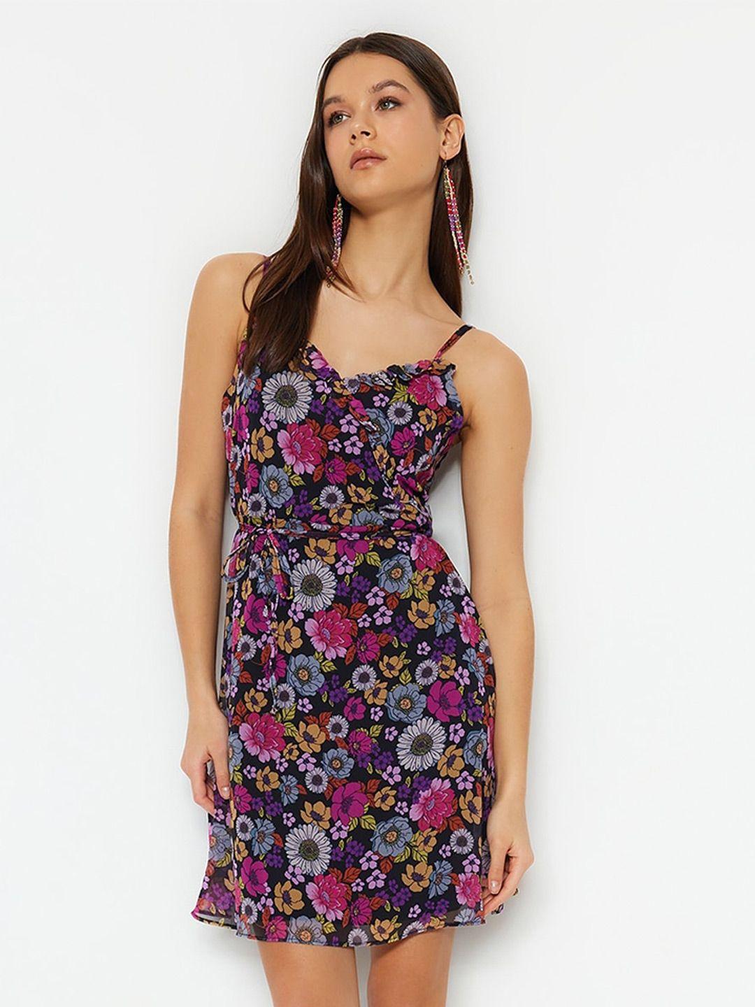 trendyol floral printed shoulder straps a-line dress
