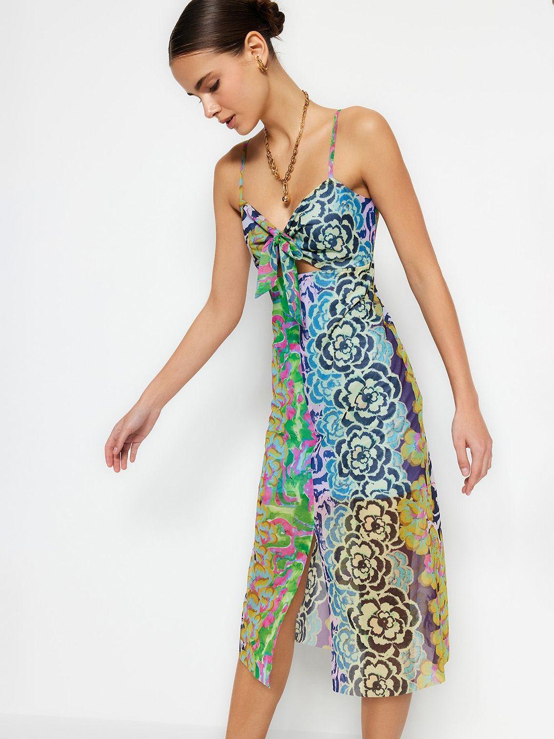 trendyol floral printed shoulder straps a-line midi dress