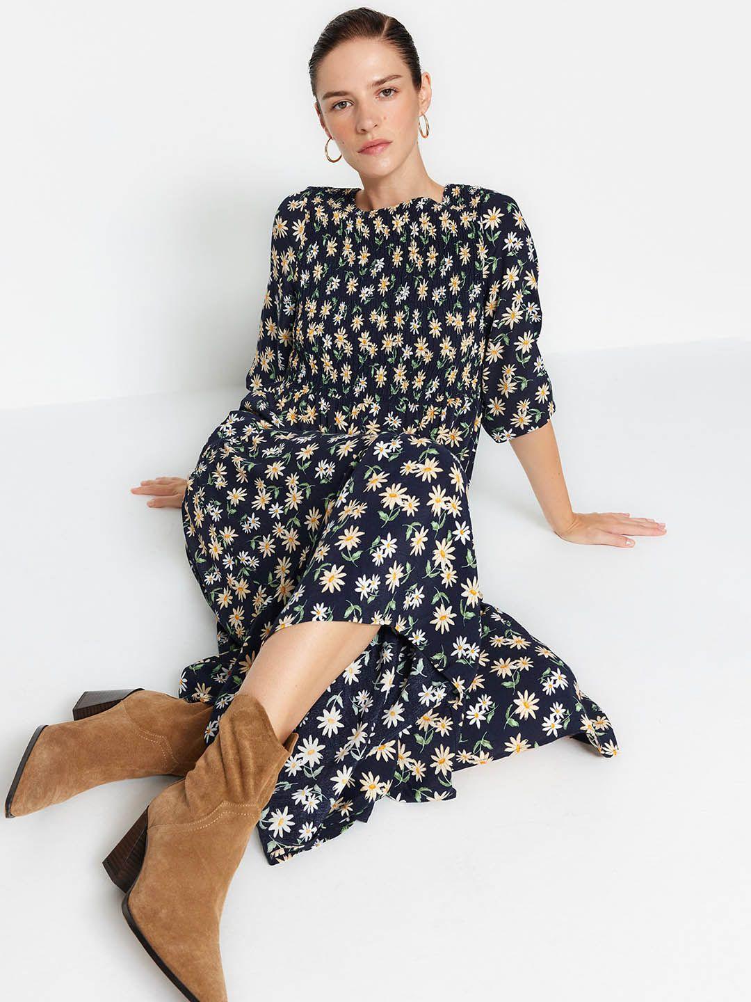 trendyol floral printed smocked fit and flare midi dress