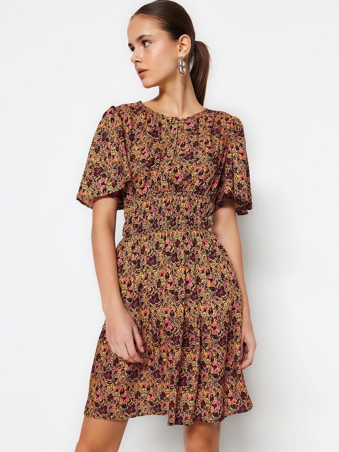 trendyol floral printed smocking detailed flared sleeve fit & flare dress