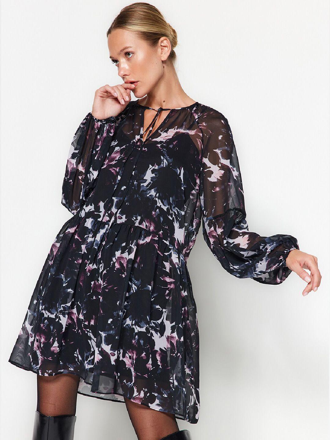 trendyol floral printed tie-up neck pleated aline dress