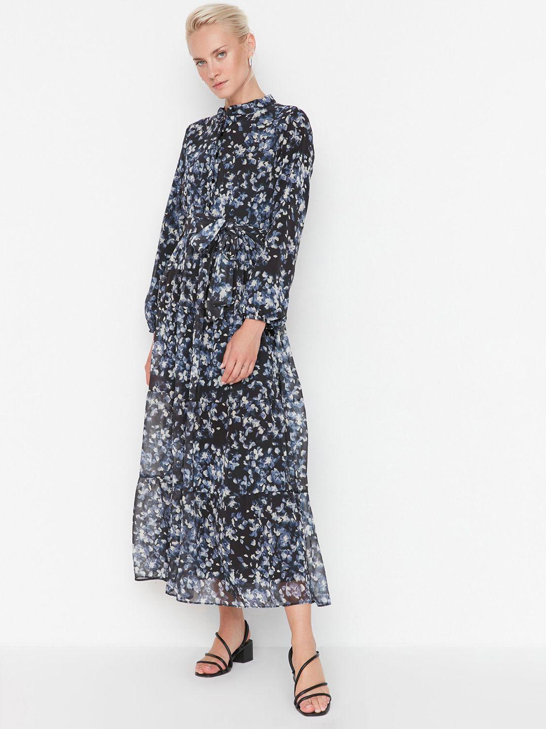 trendyol floral printed tie-up neck puff sleeve maxi dress