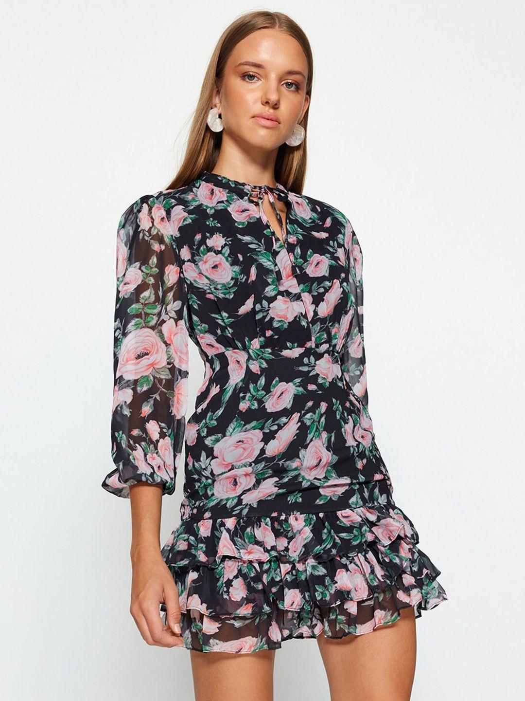 trendyol floral printed tie-up neck puff sleeve sheath mini dress