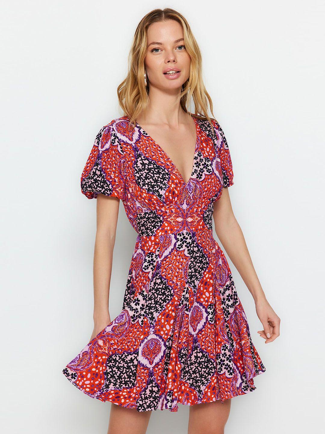 trendyol floral printed v-neck fit & flare mini dress