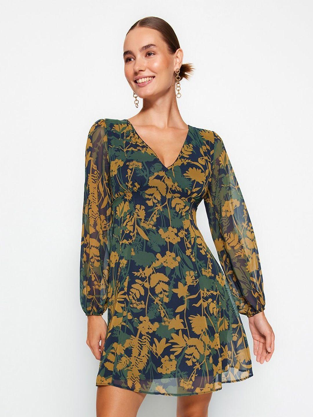 trendyol floral printed v-neck puff sleeve a-line dress