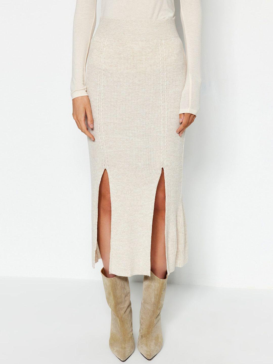 trendyol front slit acrylic flared midi skirt