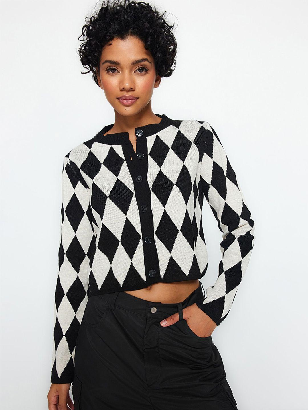 trendyol geometric printed band collar long sleeves pure acrylic crop cardigan sweaters