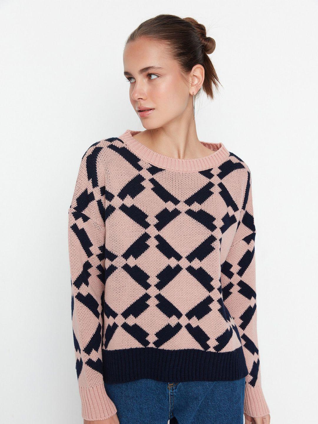 trendyol geometric printed round neck pullover sweater