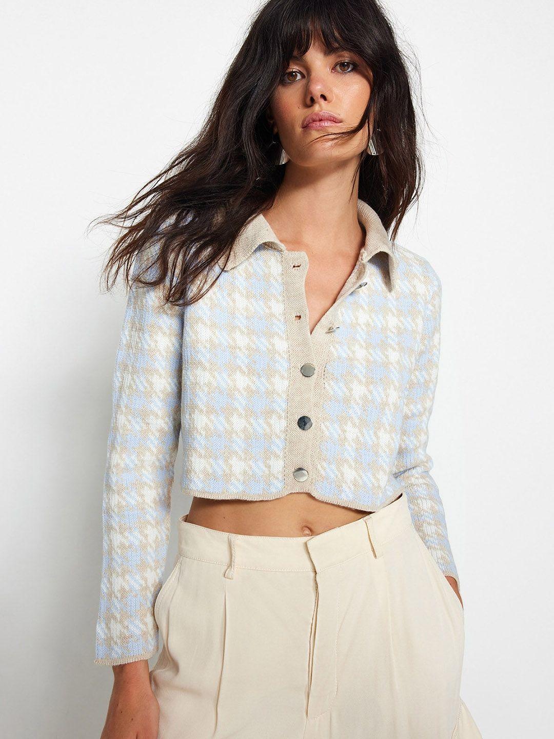 trendyol geometric printed spread collar long sleeves pure acrylic crop cardigan sweaters