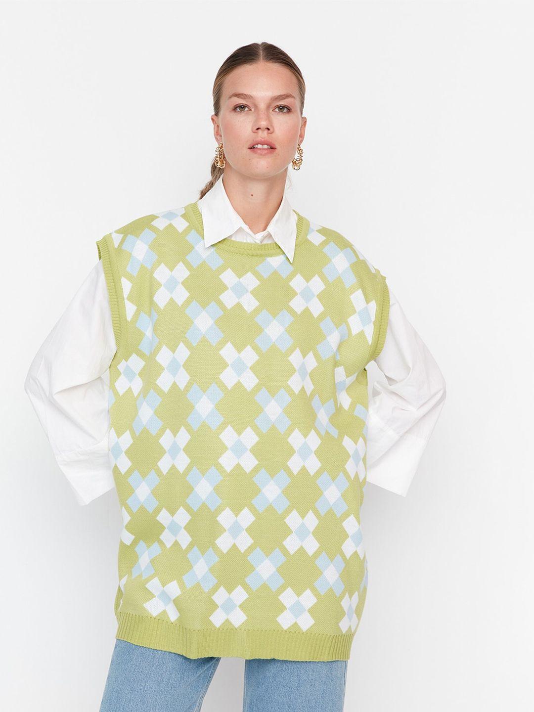 trendyol geometric printed v-neck sleeveless acrylic sweater vest
