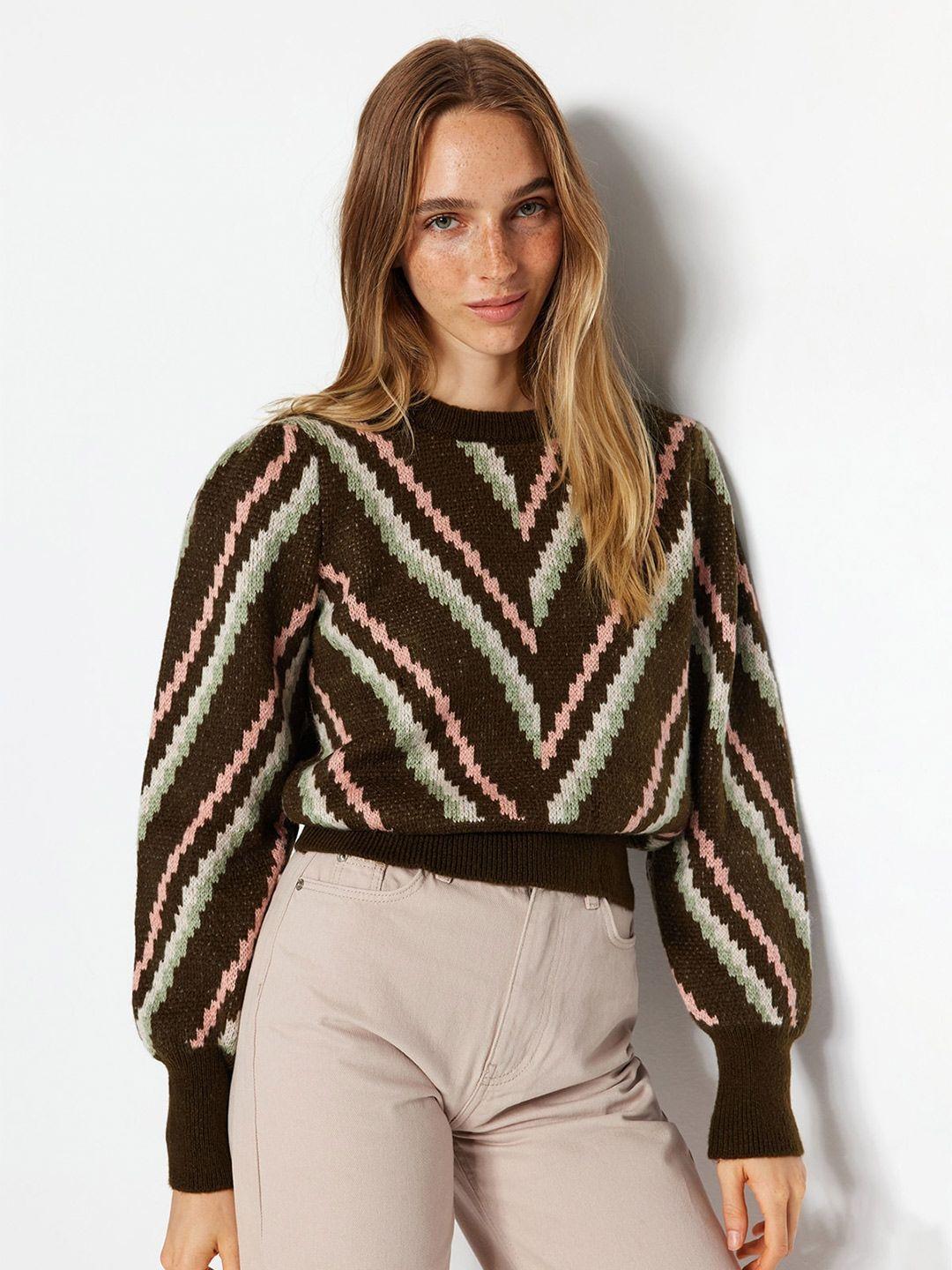 trendyol geometric round neck long sleeve acrylic pullover sweaters