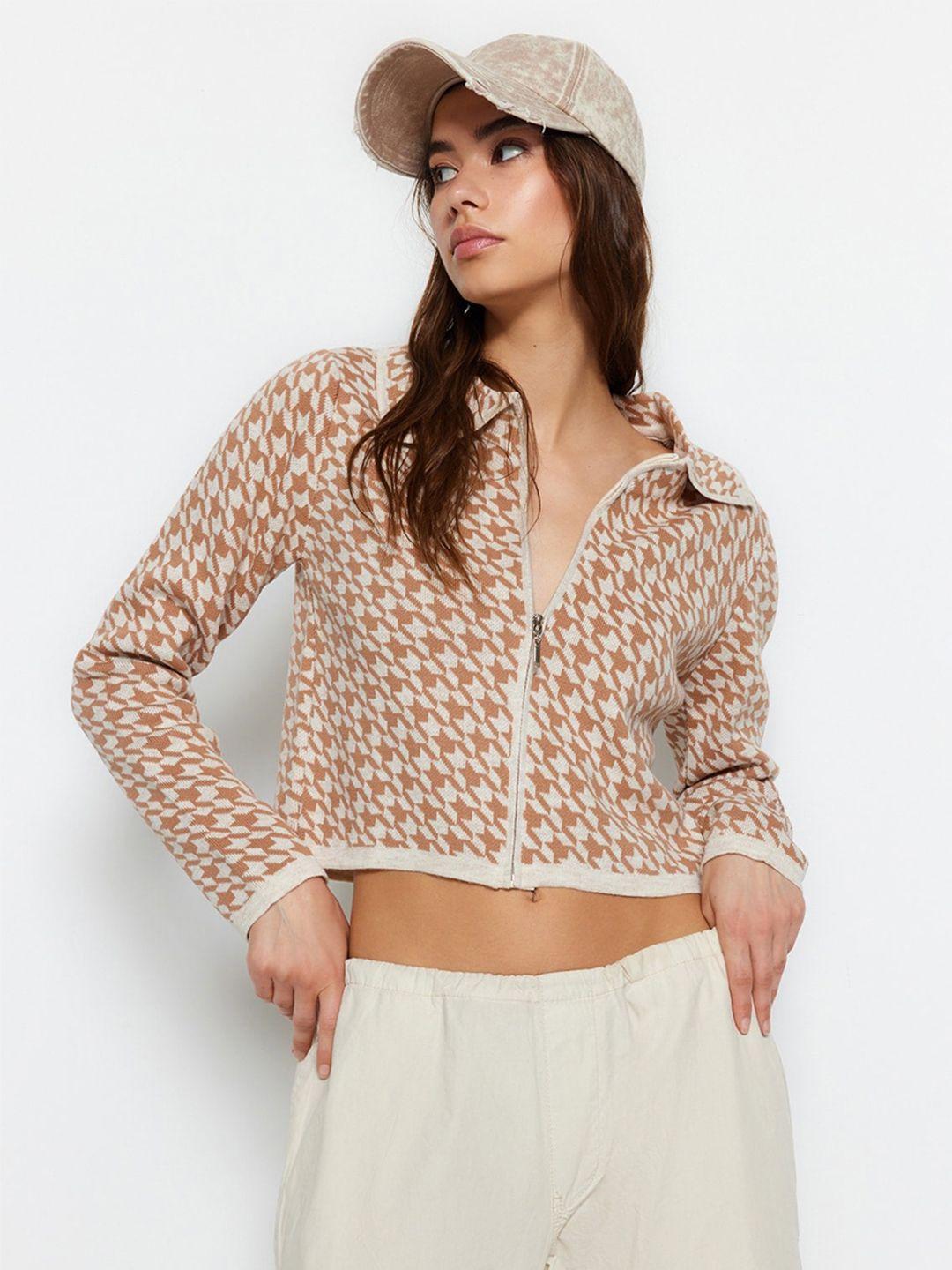 trendyol geometric self design shawl collar crop cardigan