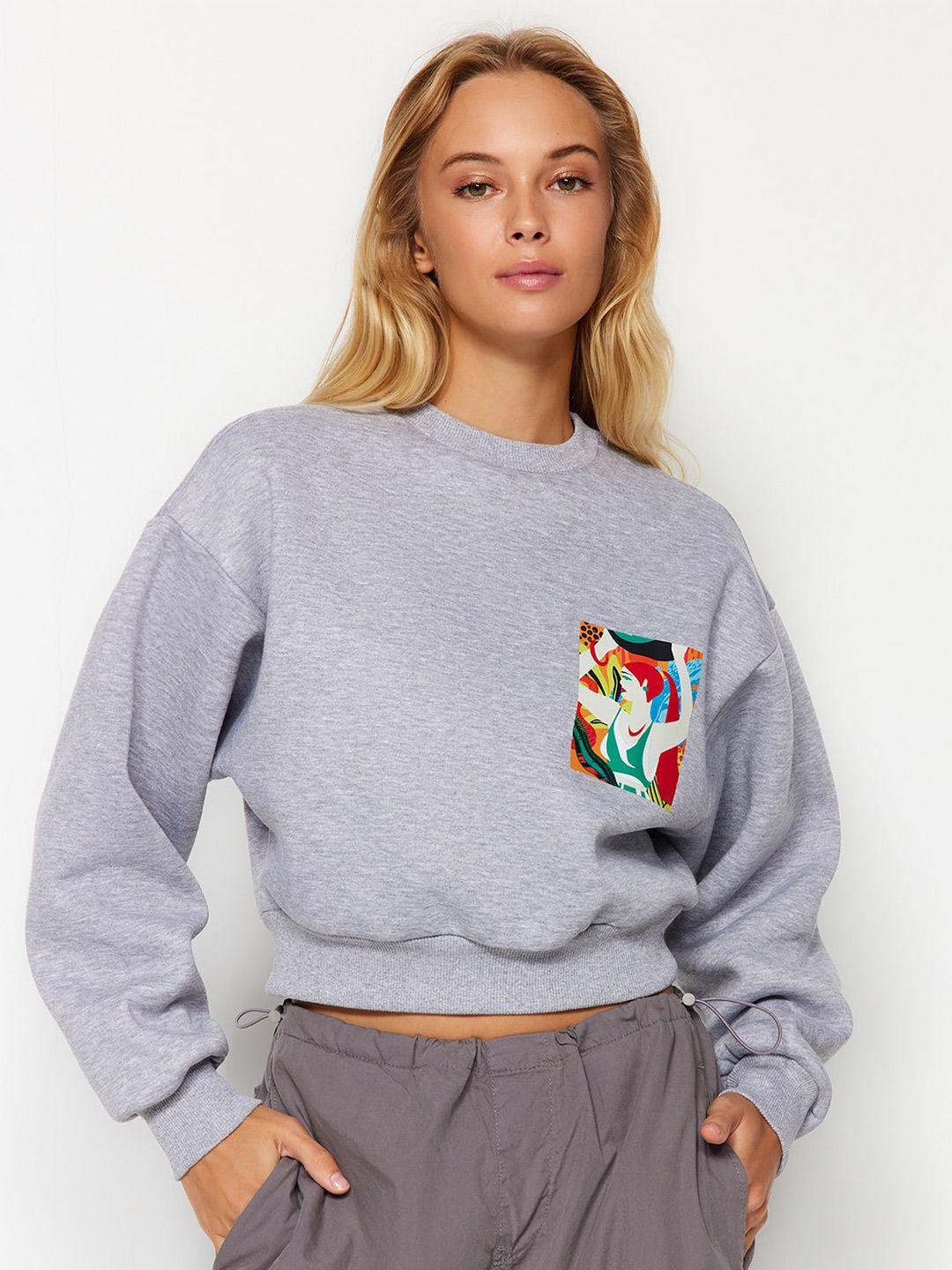 trendyol graphic printed cotton cropped sweatshirt