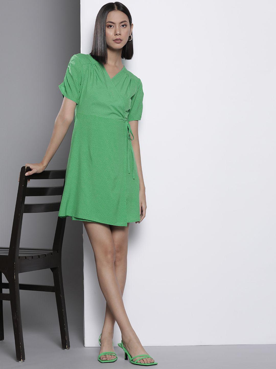 trendyol green & off-white printed wrap dress