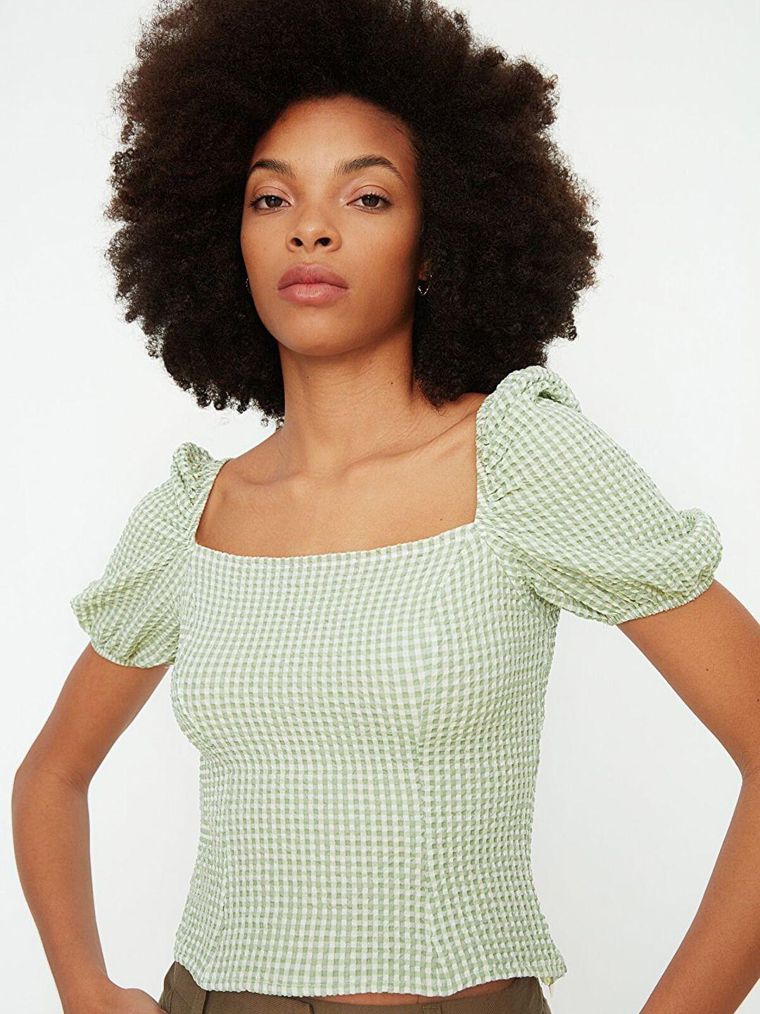 trendyol green & white checked crop fitted top