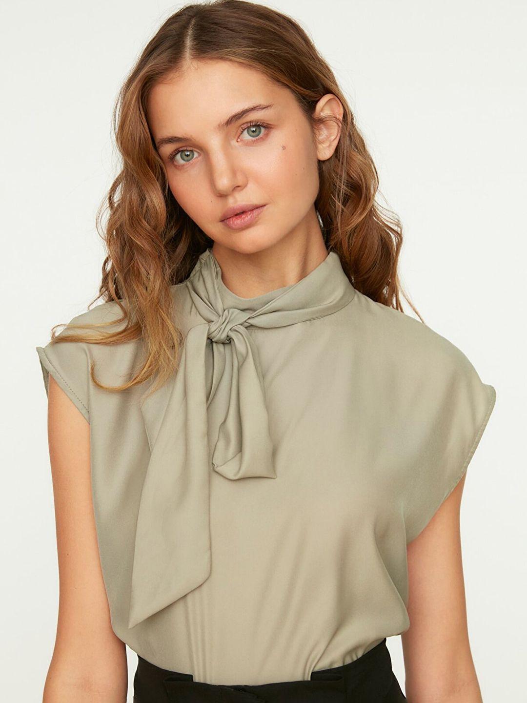 trendyol green solid tie-up neck extended sleeves top