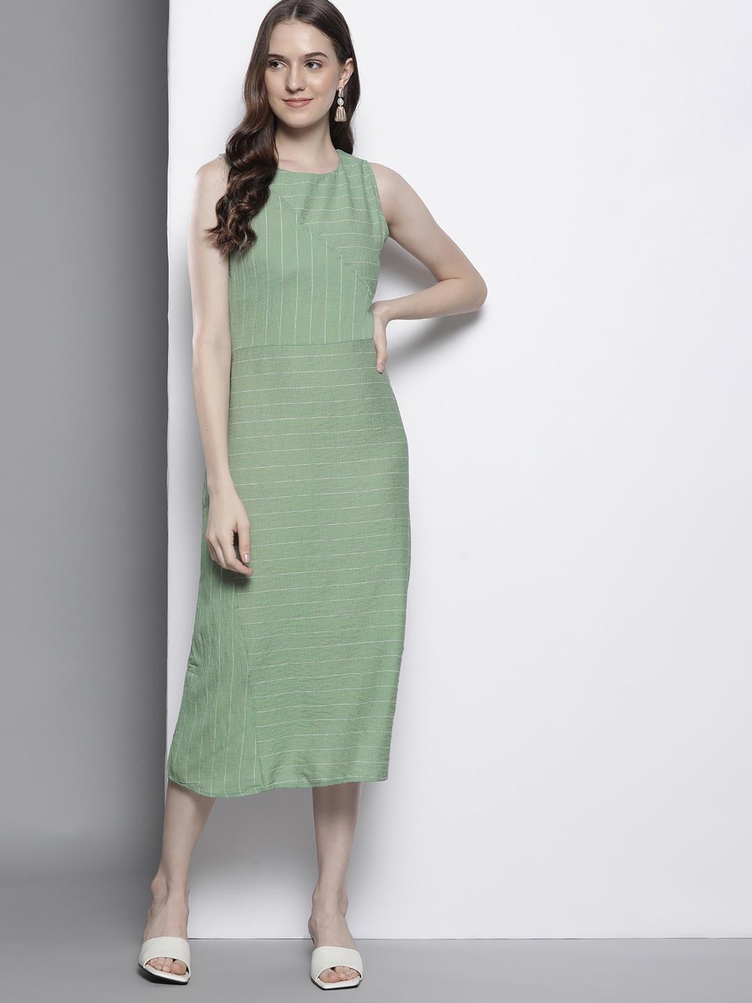 trendyol green striped a-line midi dress