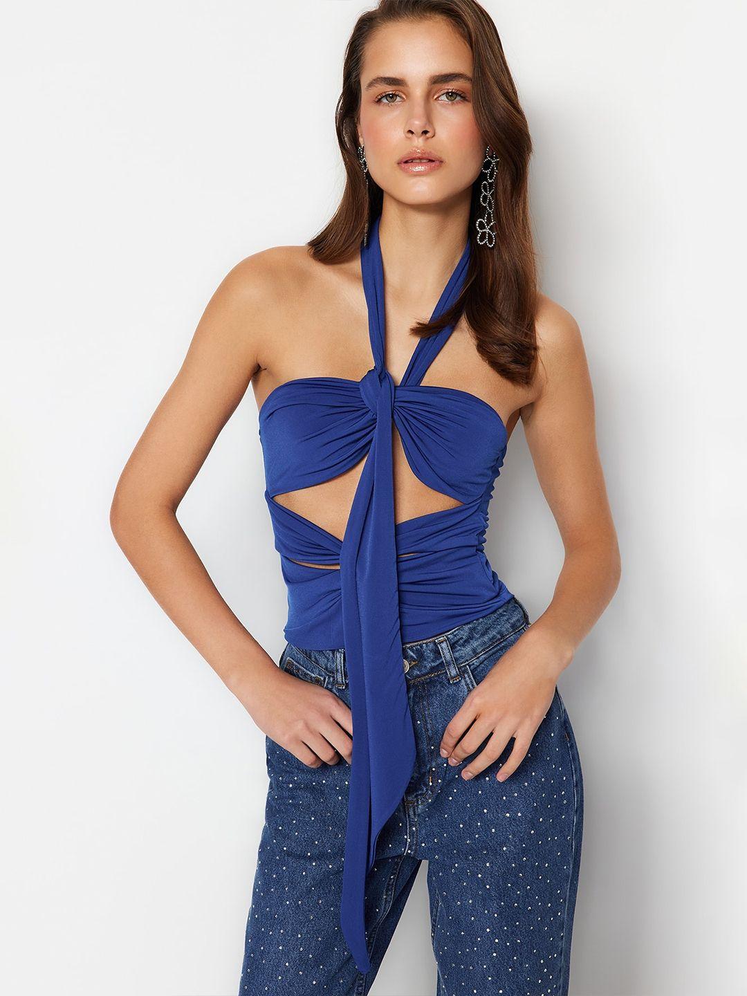 trendyol halter neck cut-out cotton fitted crop top