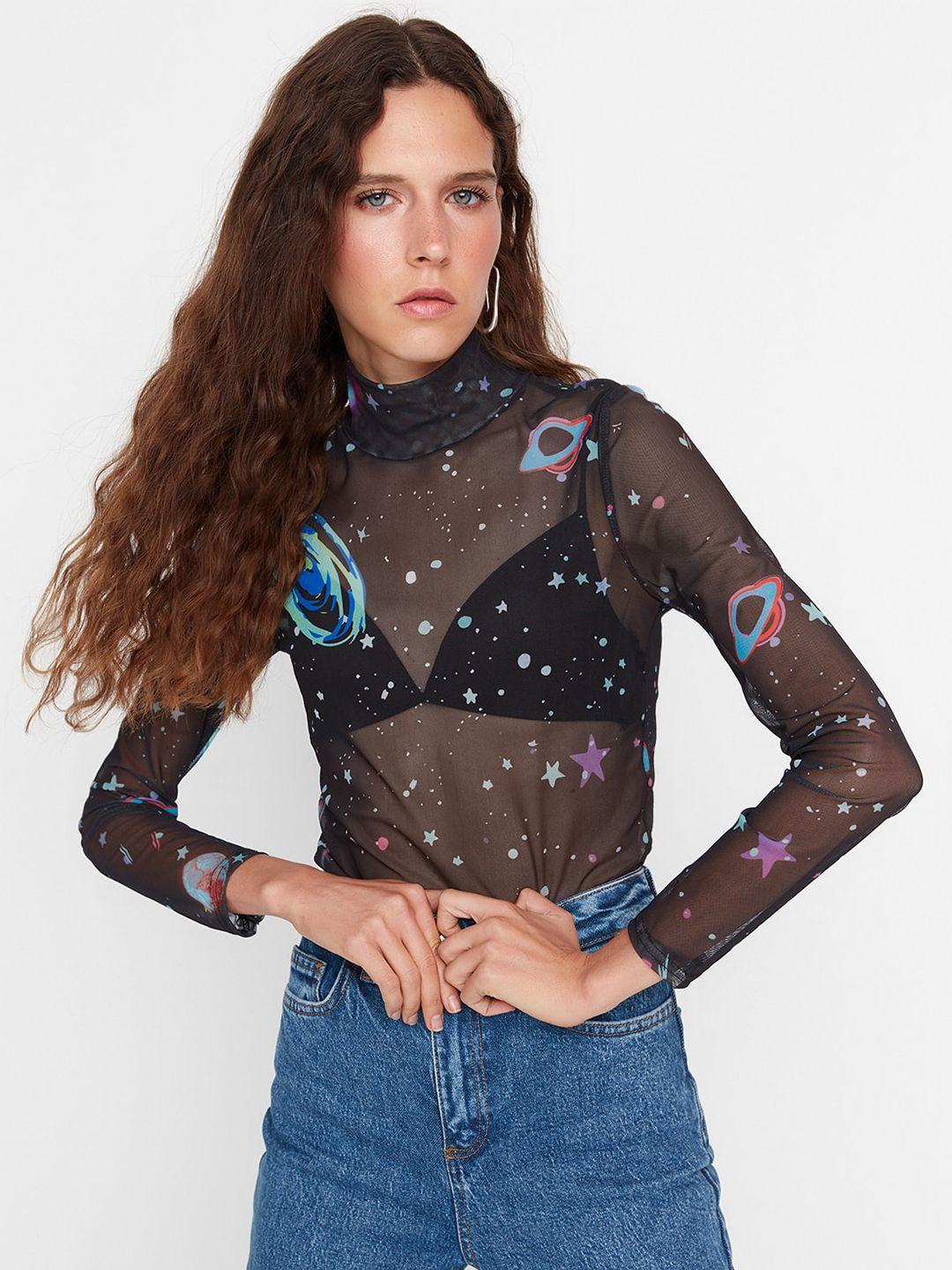 trendyol high neck conversational print sheer top