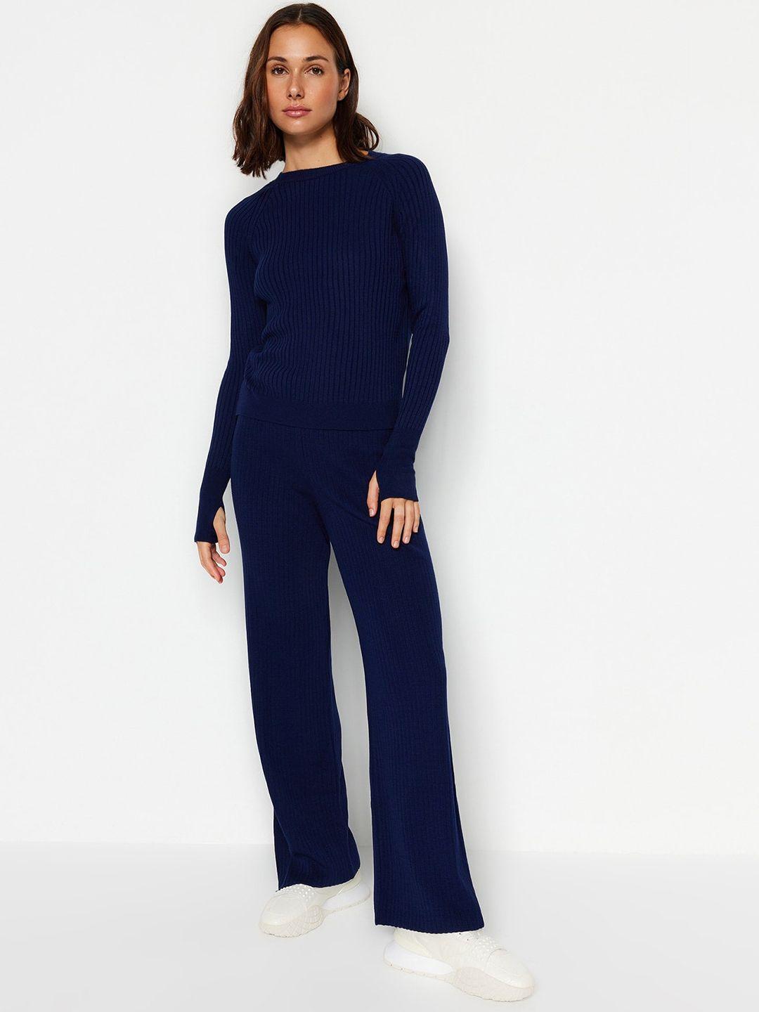 trendyol high neck ribbed acrylic sweater with flared trousers