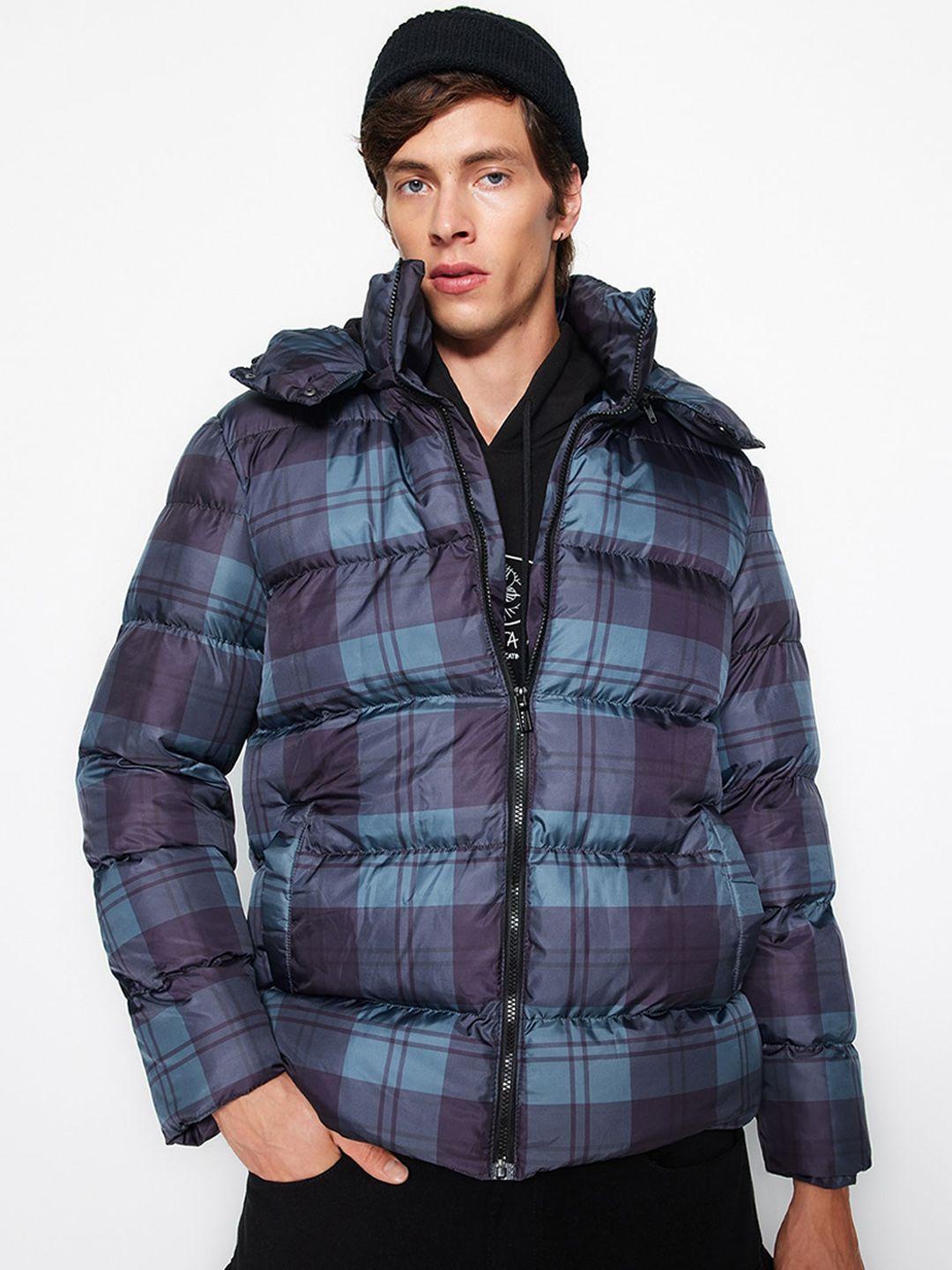 trendyol hooded checked puffer jacket