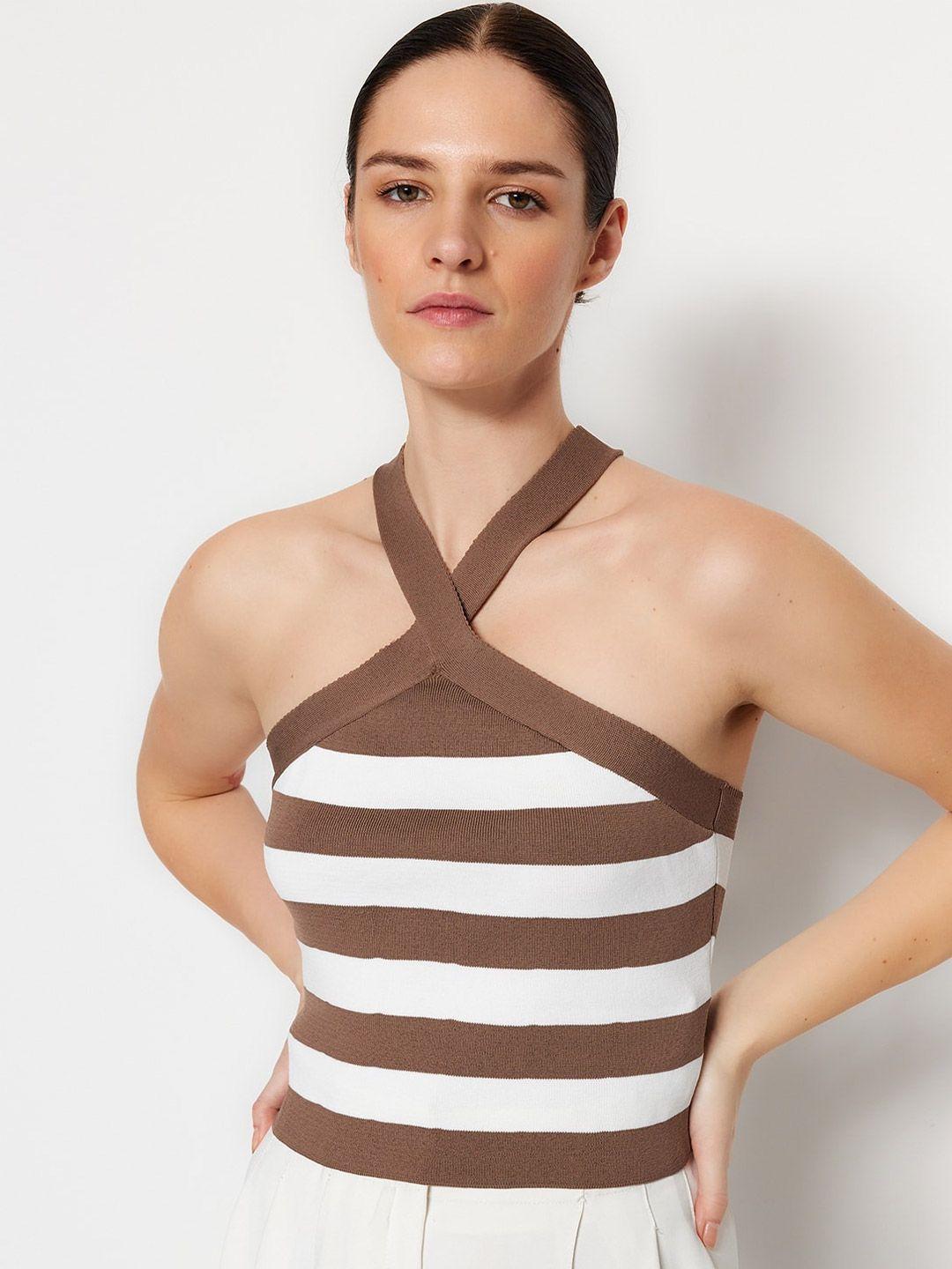 trendyol horizontal striped halter neck fitted top