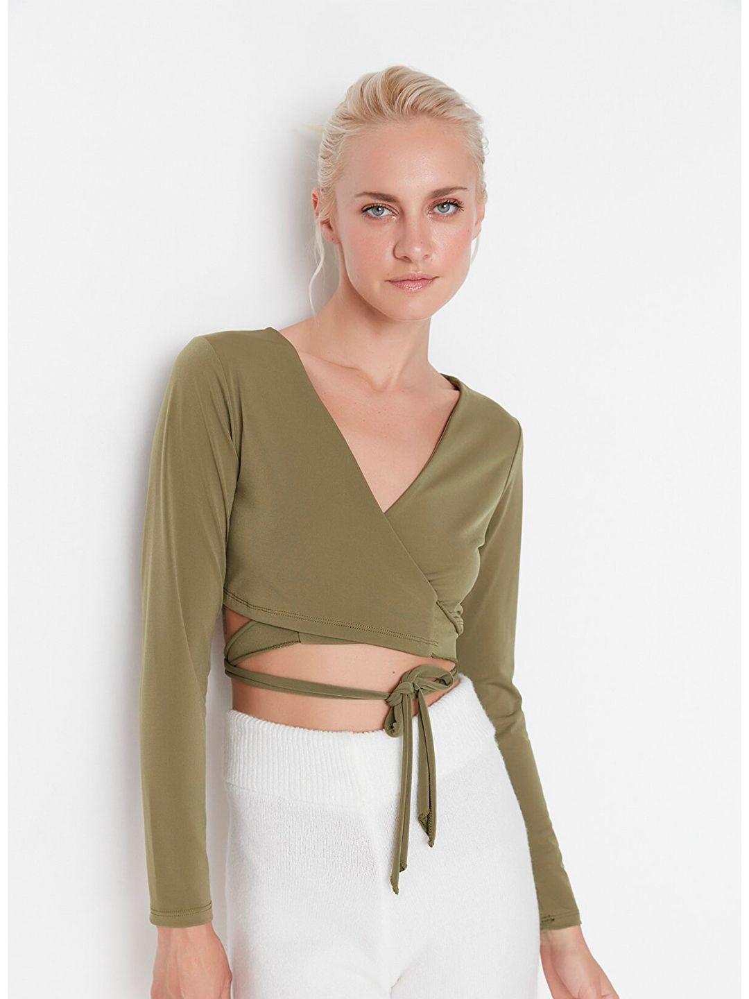 trendyol khaki solid wrap crop top