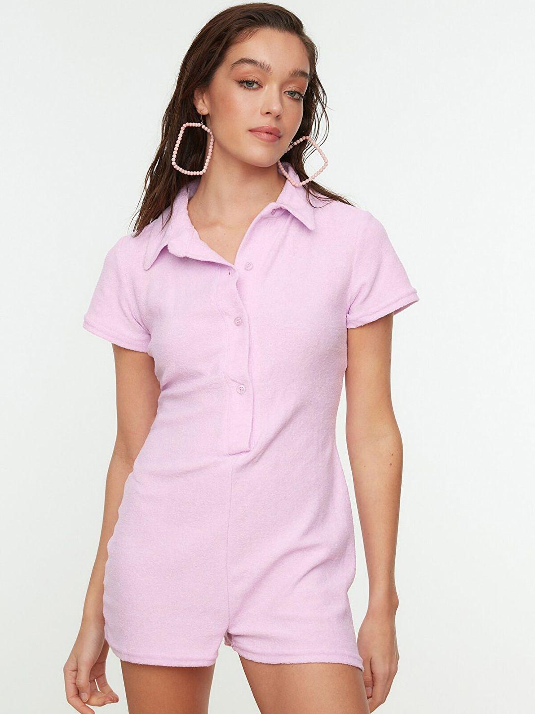 trendyol lavender solid fleece effect shirt collar playsuit