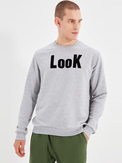 trendyol light grey cotton regular fit printed sweatshirt