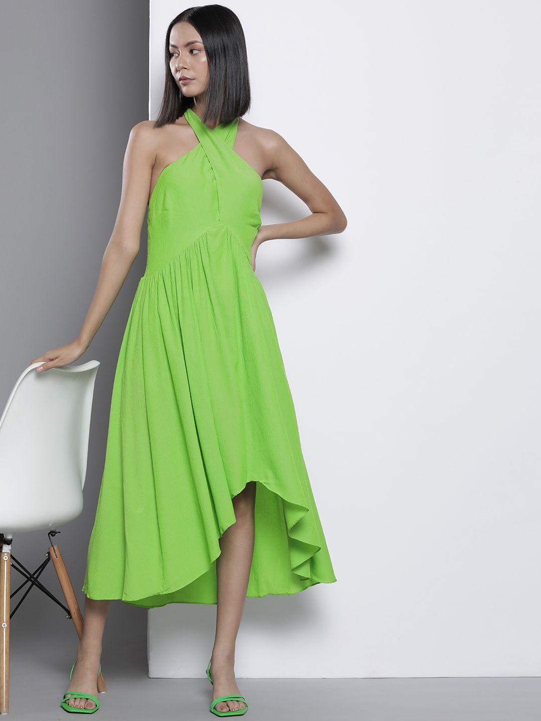 trendyol lime green halter neck a-line midi dress