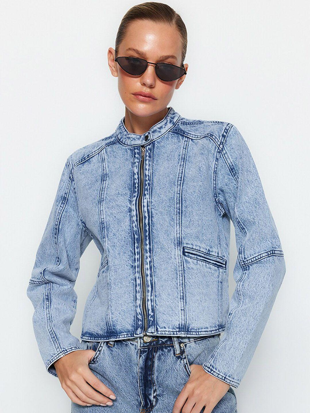 trendyol mandarin collar washed longline cotton denim jacket