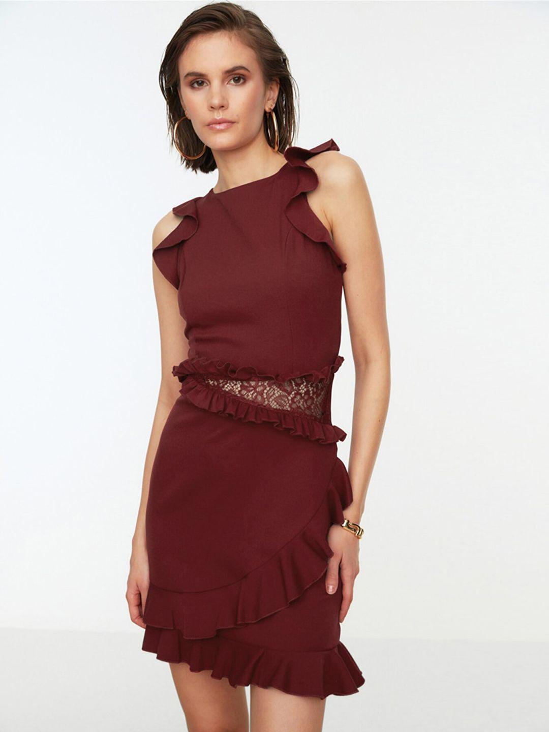 trendyol maroon sheath dress with ruffle detail