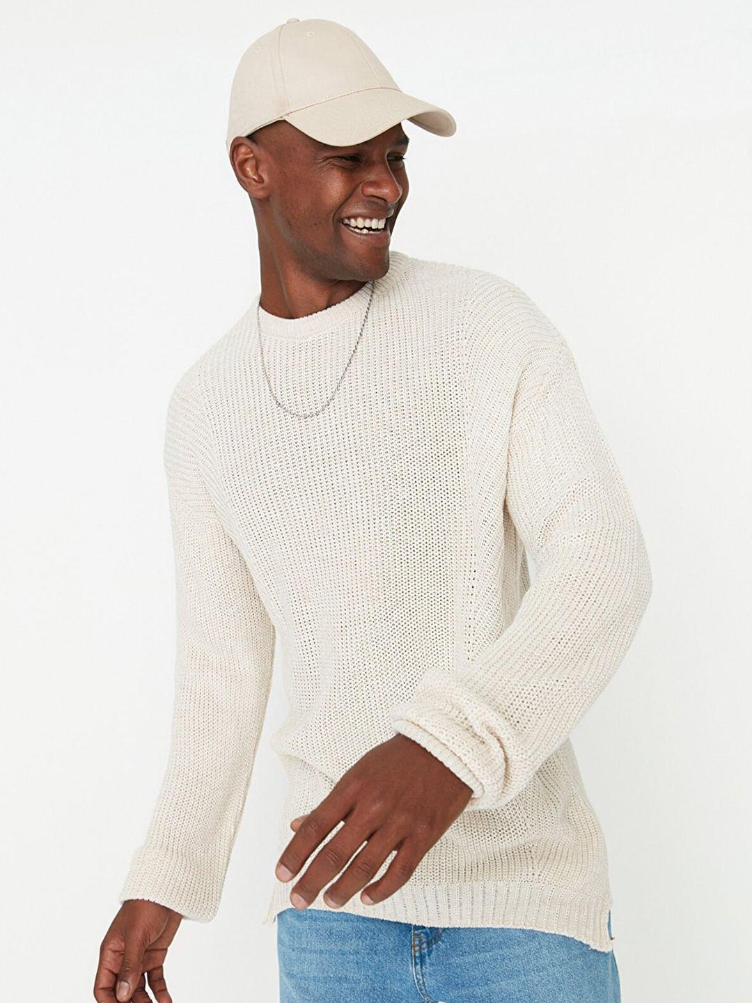 trendyol men beige open knit pullover acrylic sweater