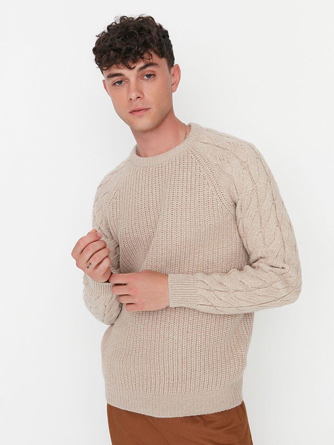 trendyol men beige solid pullover sweater