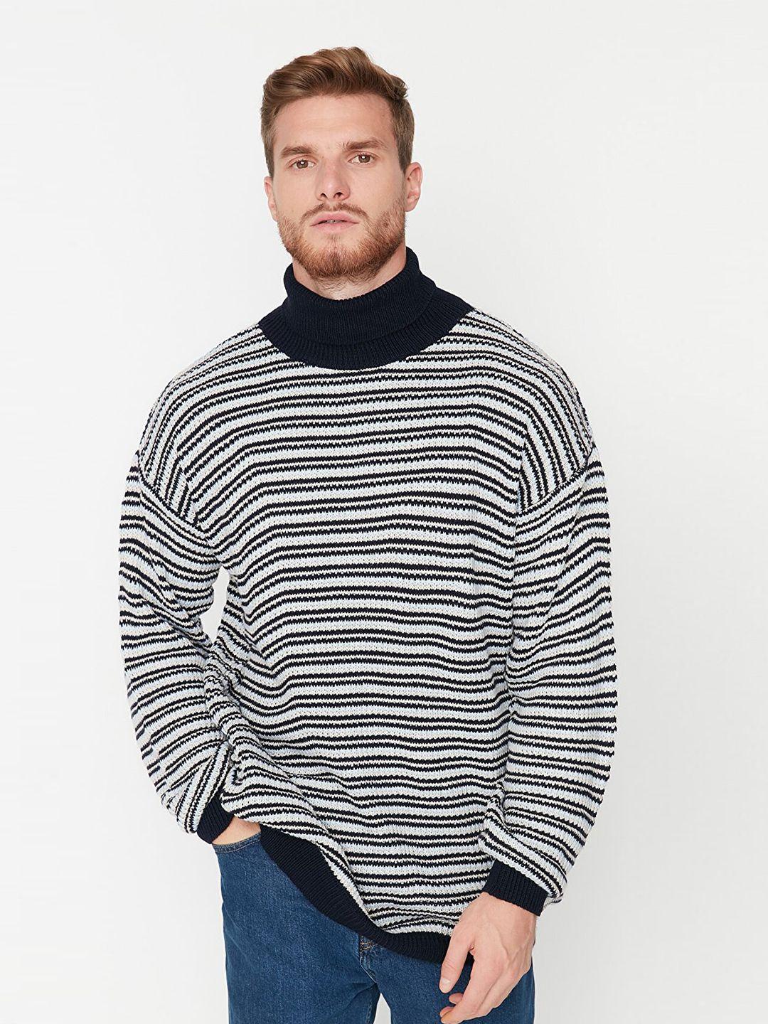 trendyol men black & white striped pure acrylic pullover