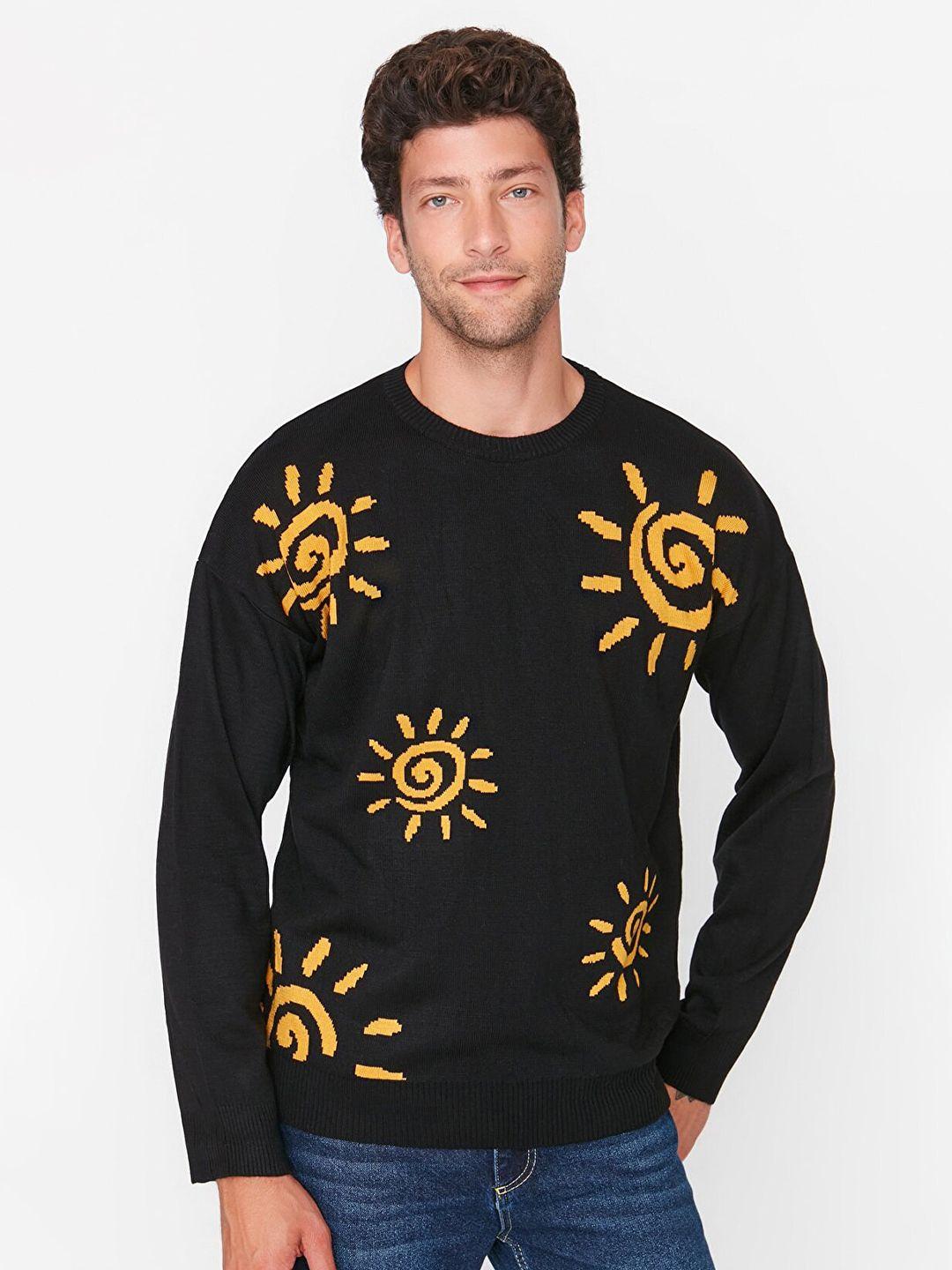 trendyol men black & yellow printed pullover acrylic sweater