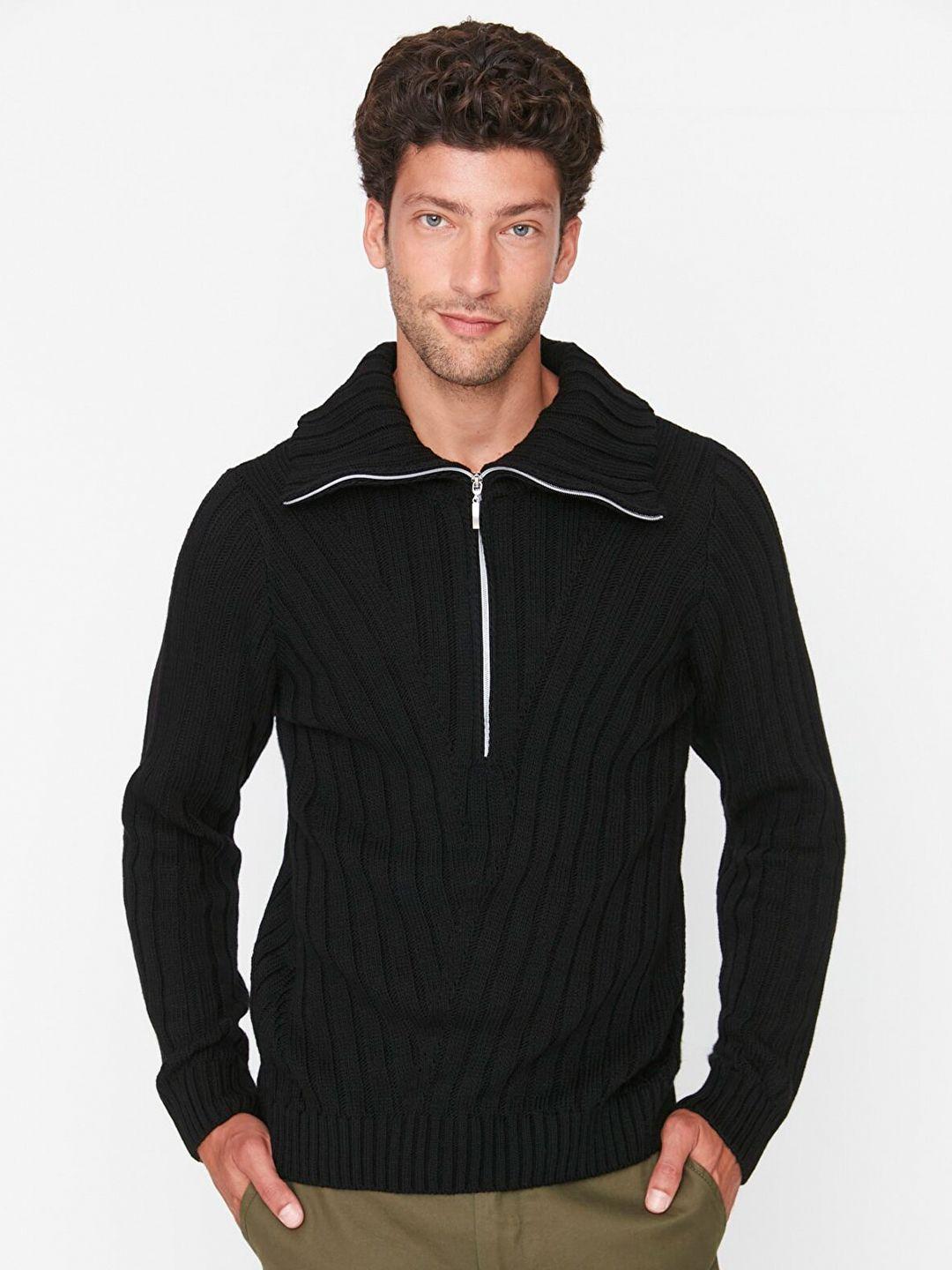 trendyol men black ribbed pullover acrylic sweater