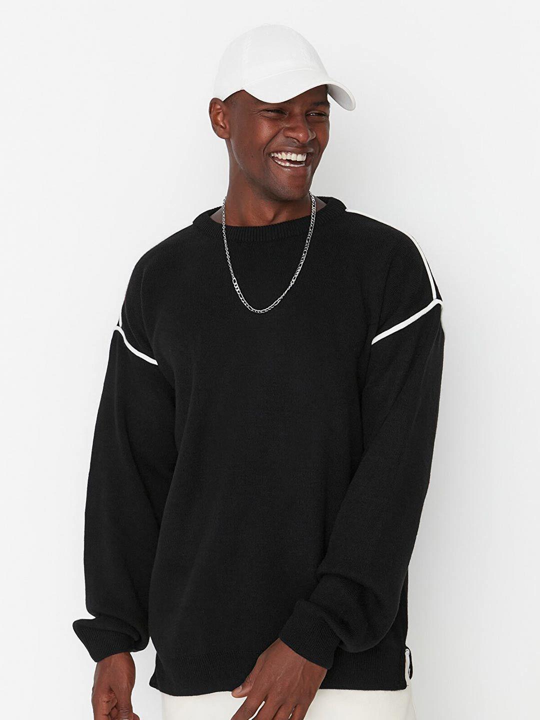 trendyol men black round neck acrylic pullover sweater