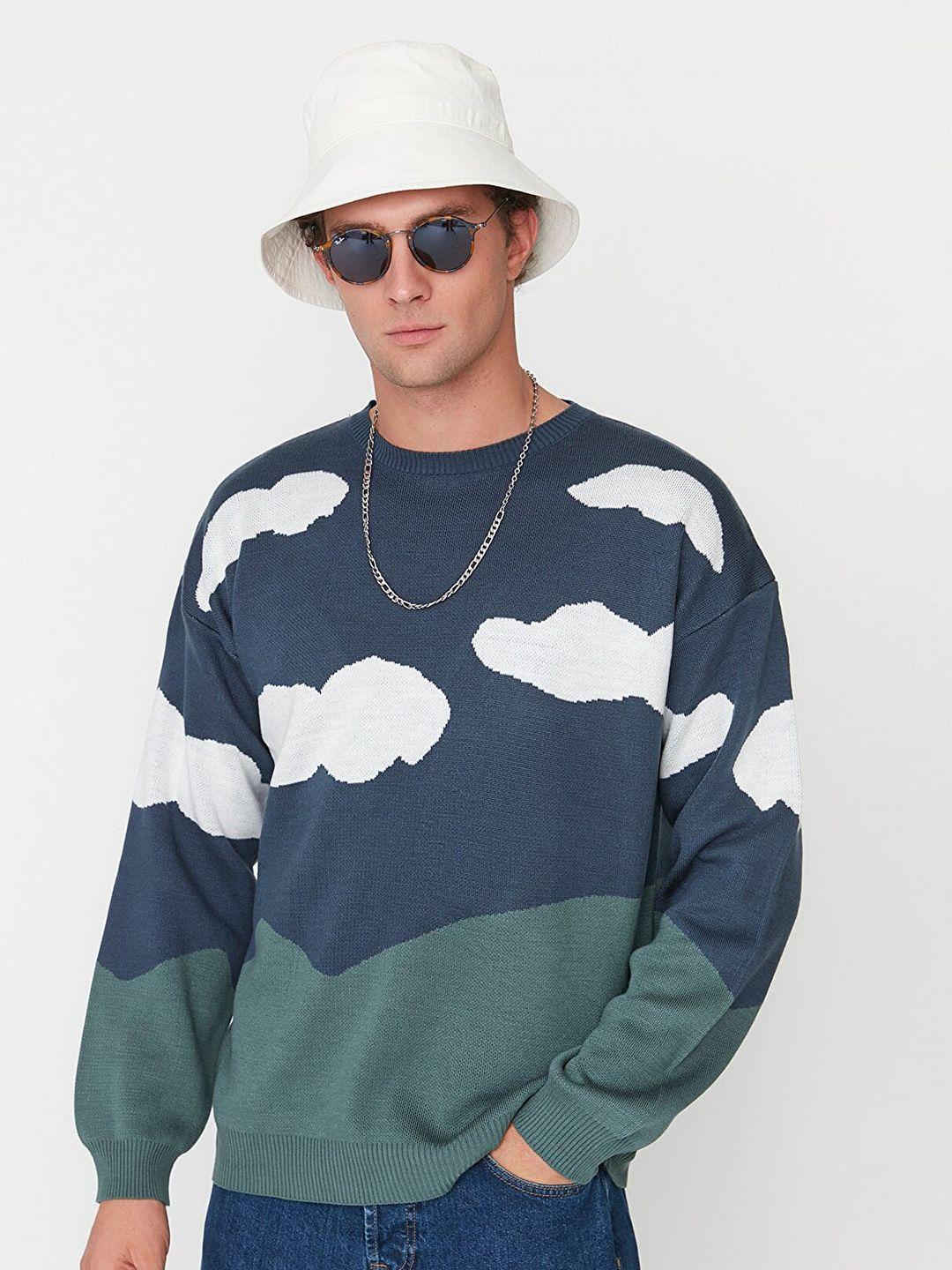 trendyol men blue & sea green acrylic pullover