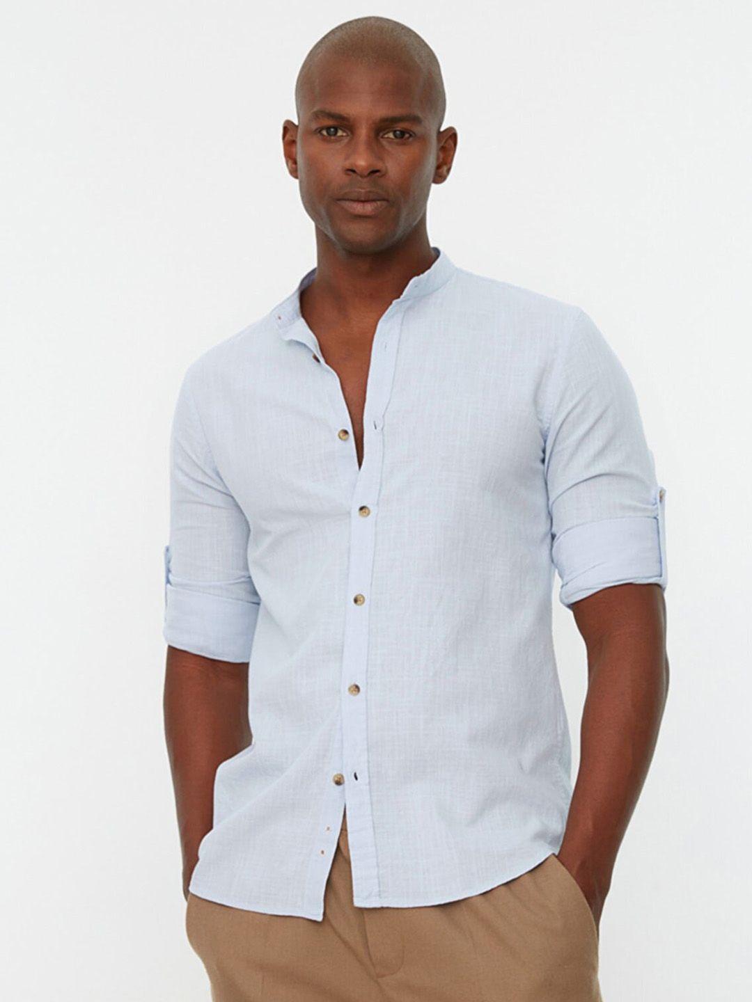 trendyol men blue solid pure cotton casual shirt